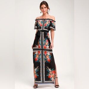 Lulus Trip To Tobago Black Floral Print Off-the-shoulder Maxi Dress - Size M
